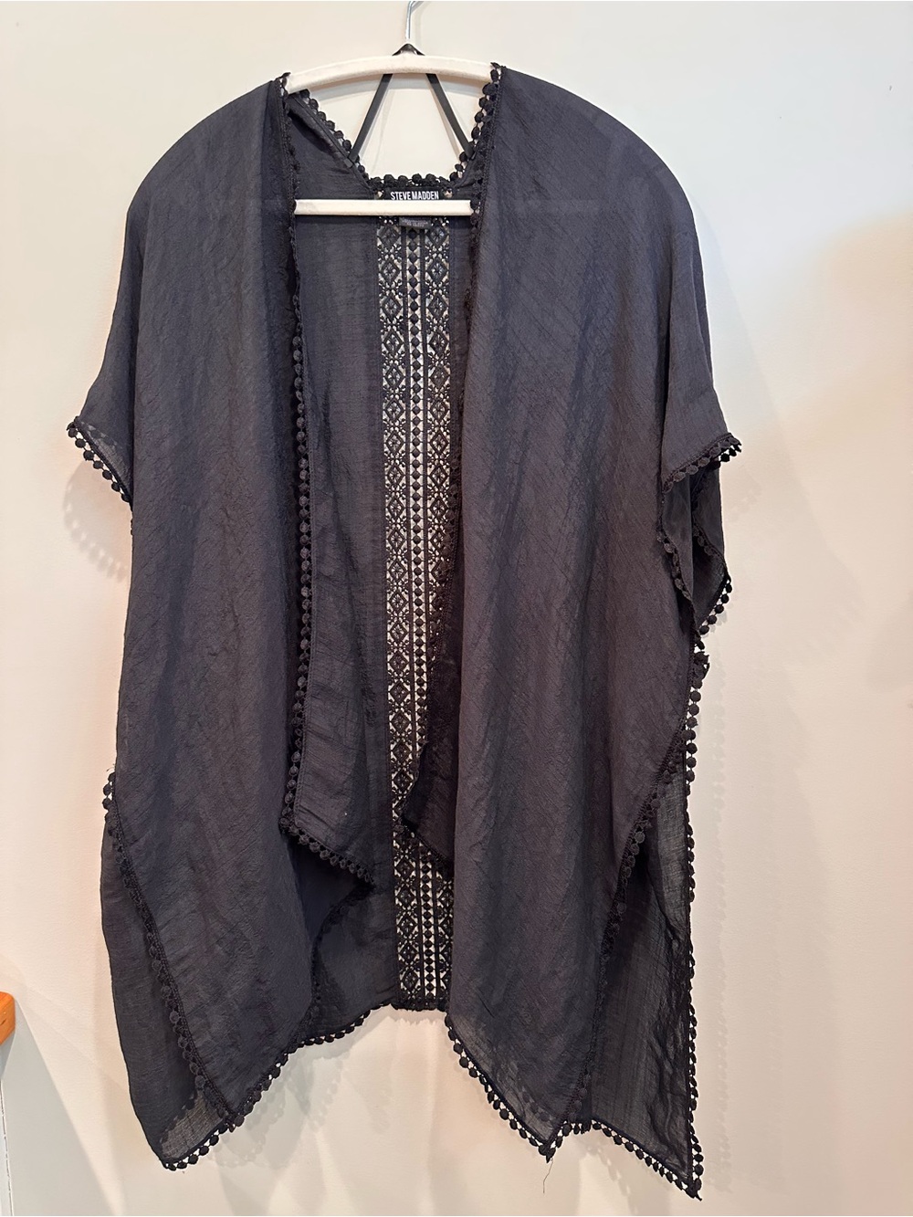 Steve Madden Black Lightweight Kimono Cover-Up with Pom Trim One Size - Picture 3 of 5